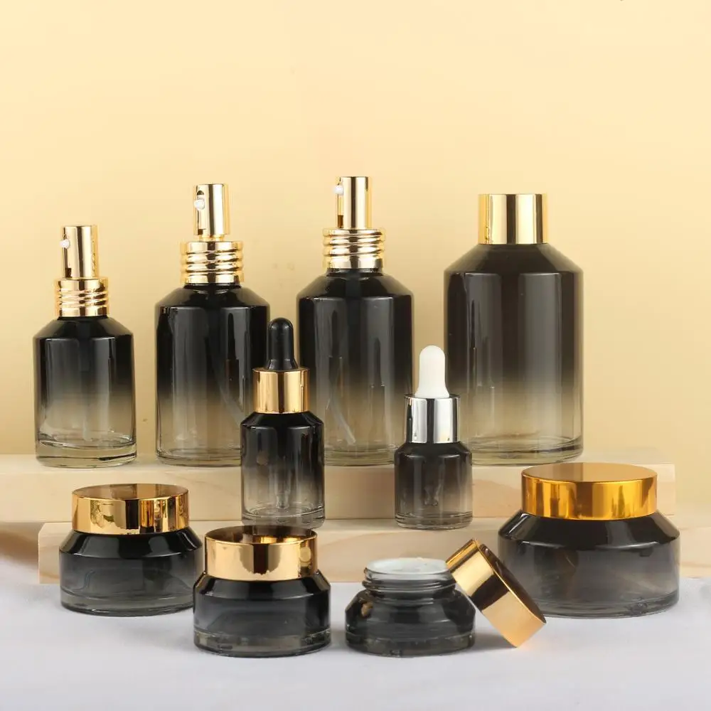 Full Set 50 Ml Black Gradient Lotion Serum Cream Bottle Pump Cosmetic Packing Glass 120Ml