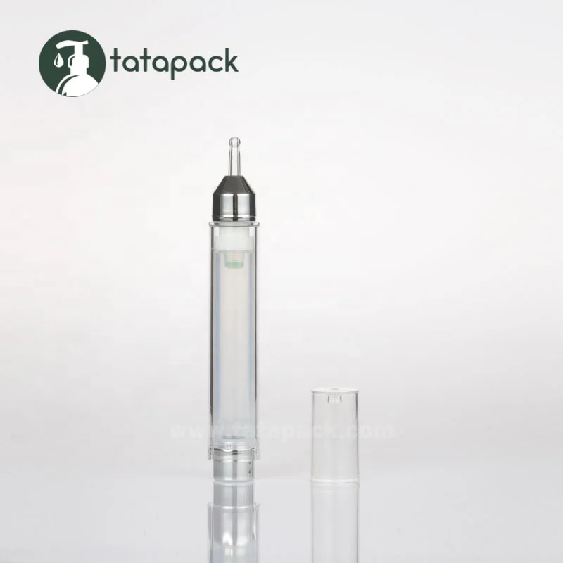 
Silver and Transparent PETG 10ml Airless Syringe Bottle for Cosmetic Packaging, Syringe Shaped Container with Foil Hot Stamping 