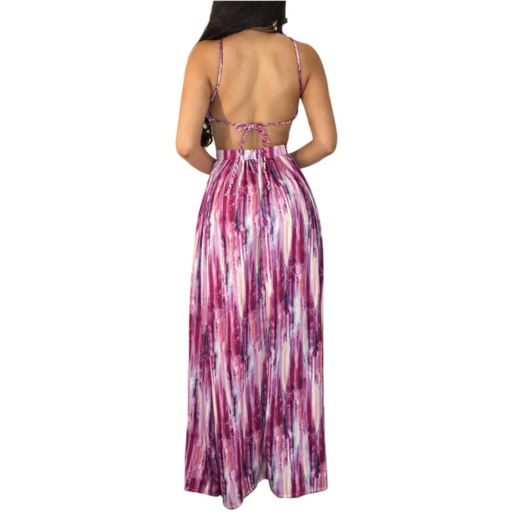 Hollow Out Waist Silk Dress Pattern Pictures Women Sexy Halter Backless Floral Long Maxi Summer Beach Dress