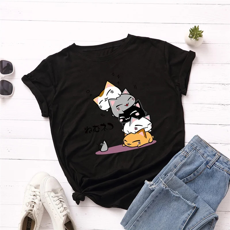 Wholesale New Simple Fashion 100% Cotton T Shirt  Lady Summer Printed T-shirt Five Cute Cats Women Causal Short Sleeve