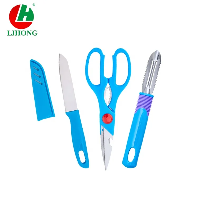 Kitchen gadget tools plastic handle stainless steel paring knife scissors knife 3pcs set