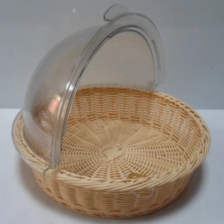 Good Quality Round Rattan Bread Basket , Buffet Display Plastic Rattan Basket with PC Cover