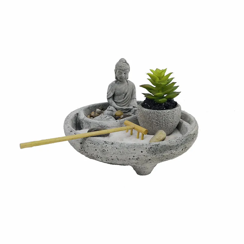 
Wholesale Round shape sand zen garden with Buddha and Cactus for Home decoration 