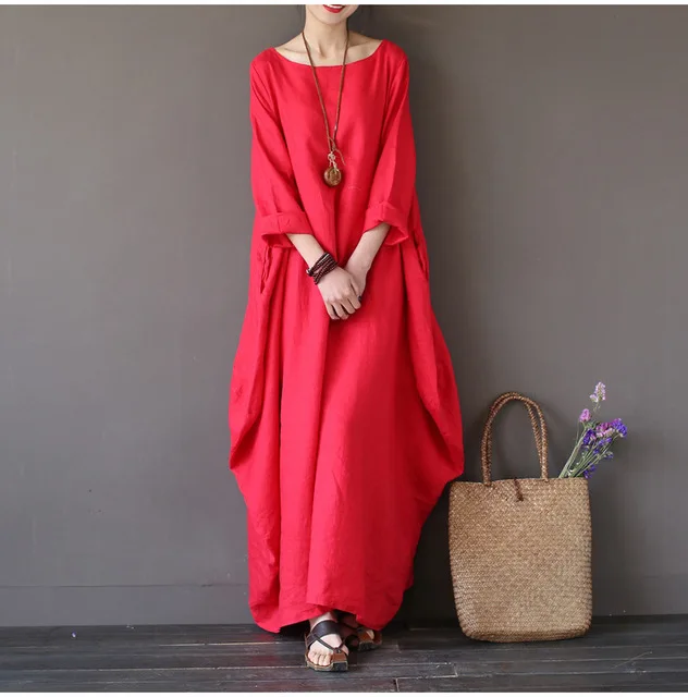Wholesale Fashionable Personalized Soild Color Plus Size Long Sleeve Boho Dress Cotton Casual Loose Maxi Dresses