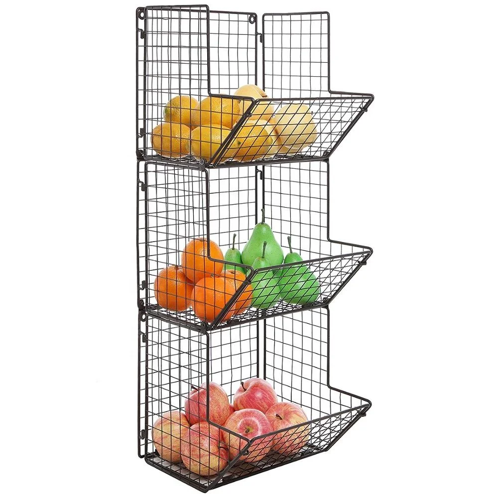 
Black 3 tier 4 tier wrought metal iron wire 2 tier collapsible wall hanging fruit basket 