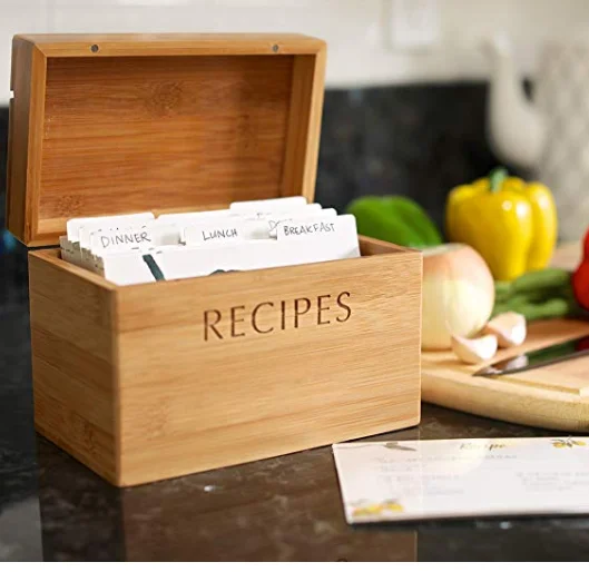 Bamboo Recipe Box Set with 100 4x6 recipe cards, 10 dividers, and card holder. Cards made with thick card stock. Perfect re