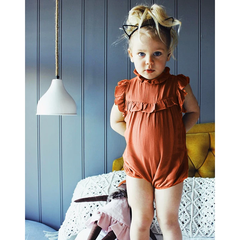 
Custom solid color Infant summer cotton lace collar sleeveless baby clothes romper girls 