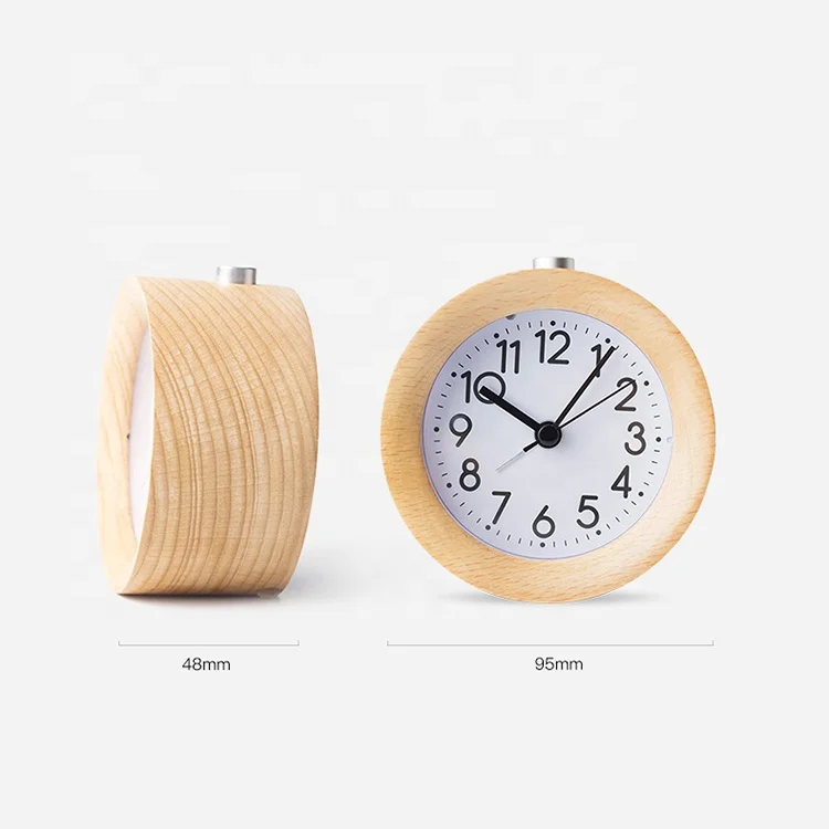 KH-WC022 Creative Small Round Classic Wood Silent Desk Travel Alarm Clock With Nightlight