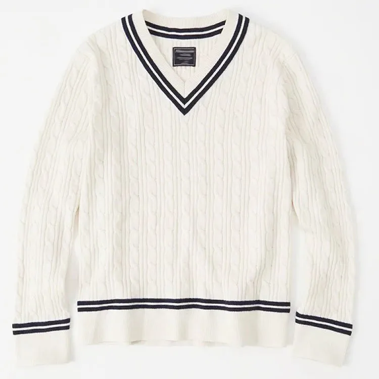 
Popular Custom Wool Knit Mens V Neck Cable Knit Cricket Sweater 