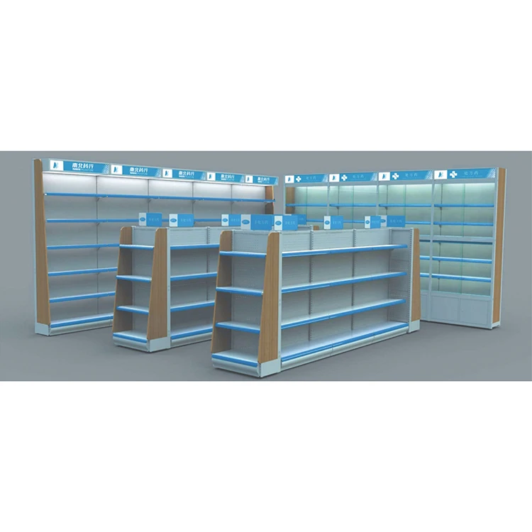 Freestanding Single Sided Multi-Layer Steel Wooden Drugstore Retail Store Pharmacy Display Shelves