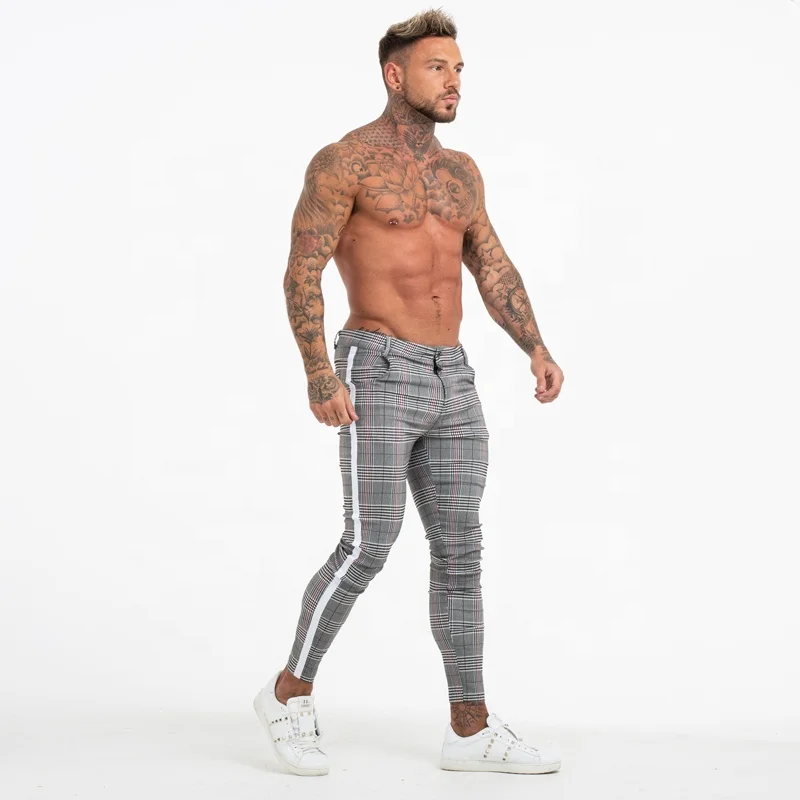 
2020 Super Comfy Stretchy White Side Stripe Check Pants Slim Fit Chinos Trousers Men 