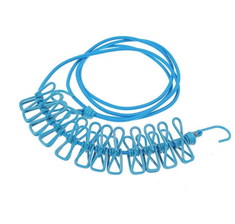 Wholesale Outdoor Windproof Portable Travel Stainless Steel Elastic Retractable Clothesline With 12 Pcs Clip