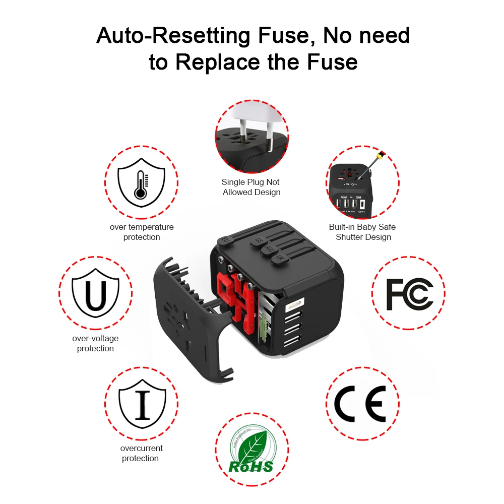 Most popular 4 USB 5V 3.4A smart output universal travel adapter with EU/AUS/UK/US all in one plug