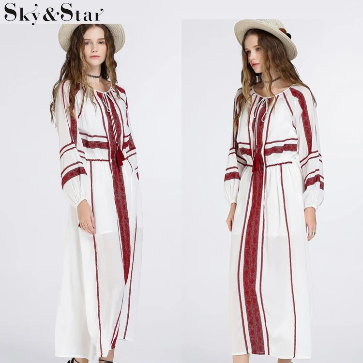Новая мода пляж с длинным рукавом богемный белый случайный белье платье макси женщин