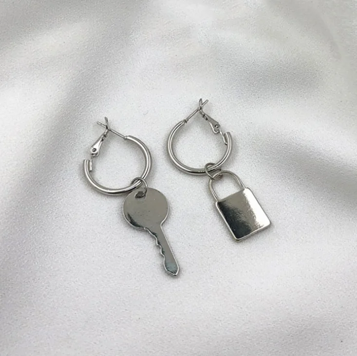 silver hoop padlock and key asymmetry charm earrings huggie lock key drop earrings mismatched