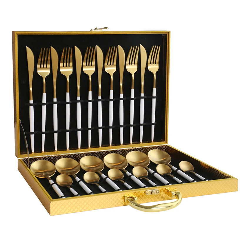 
24pcs matte gold plated cutlery set white/black/pink handle in wooden box 