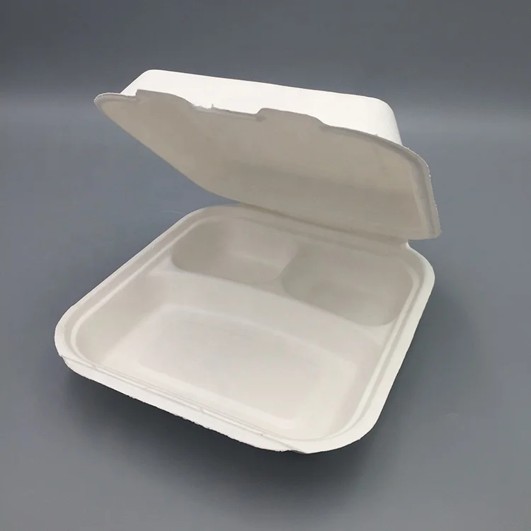 Biodegradable meat food packaging clamshell sugarcane pulp bagasse 3 compartment tray for food