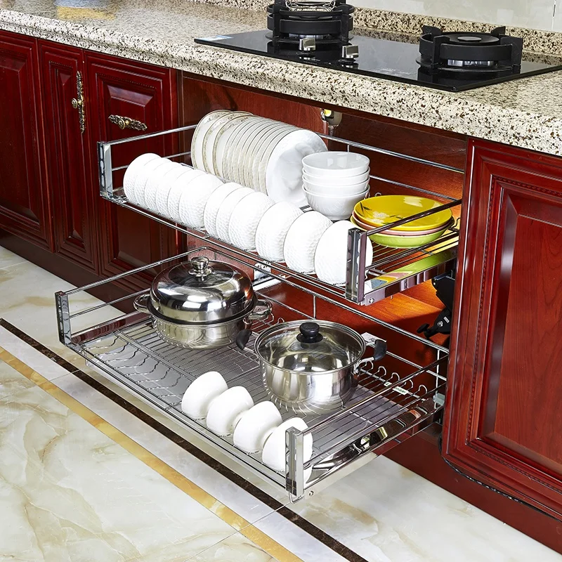 
New design pull out stainless steel drawer basket for kitchen dishes 