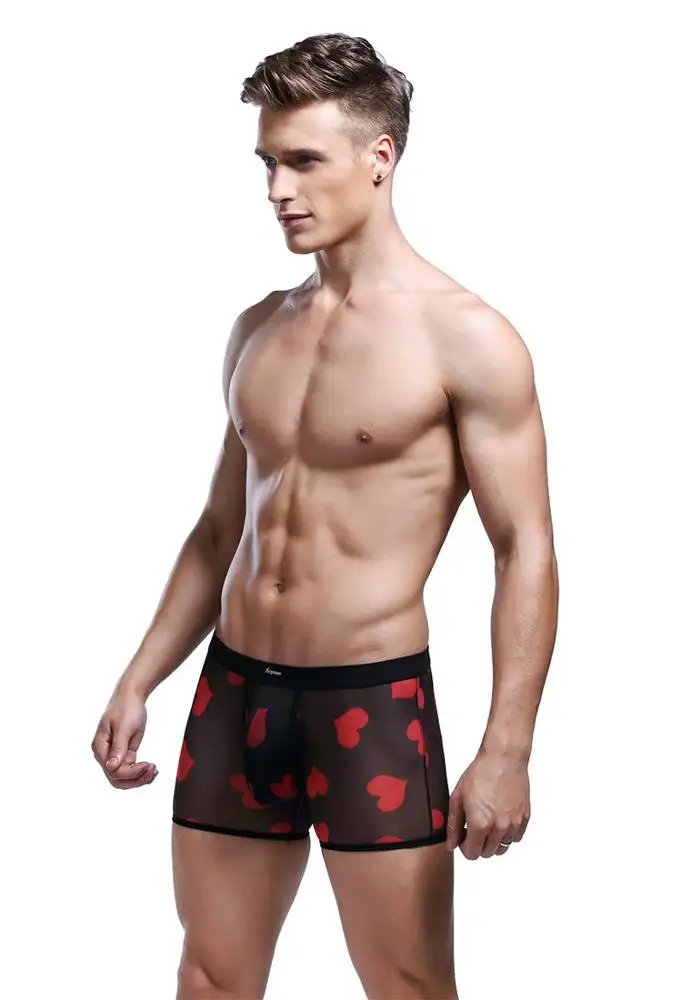 
print heart transparent mesh sexy underwear boxer briefs for men 