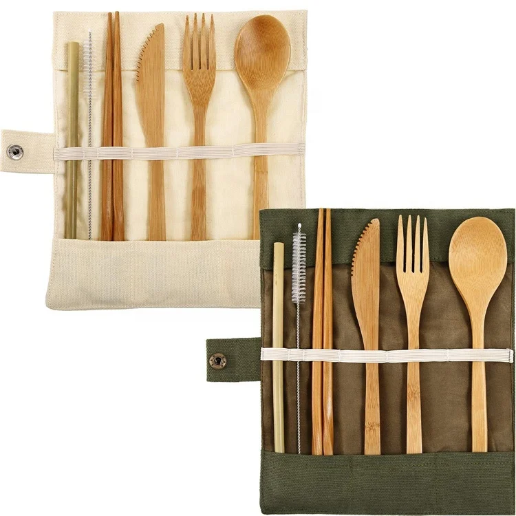 Best Sell Handmade Bamboo Straw Chopsticks Knife  Fork Spoon Flatware Set with Portable Bag