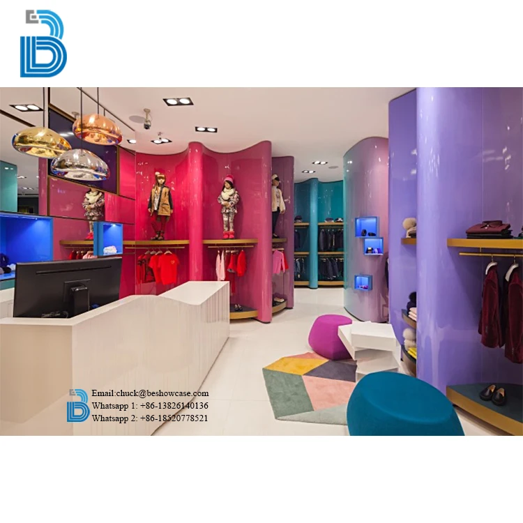 Children clothing shop kids store display fixtures design decoration with metal racks