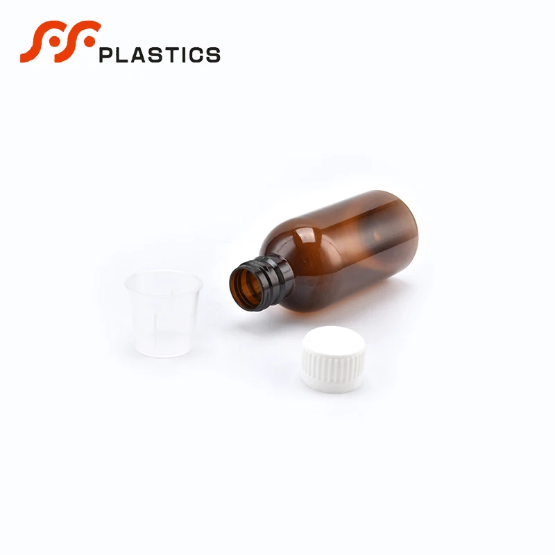 Food grade medical safe seal liquid packaging amber bottle factory wholesale measuring cup cough syrup brown plastic bottle
