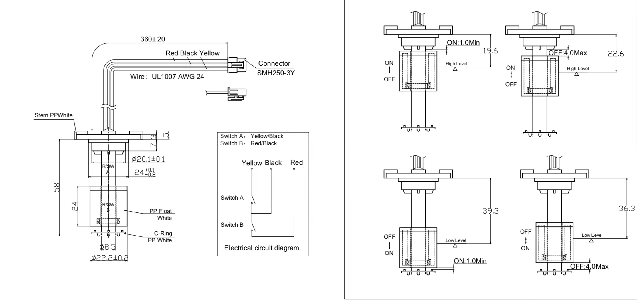 Sunwoald  58mm double points magnetic PP Water Float switch for water dispenser/ toilet