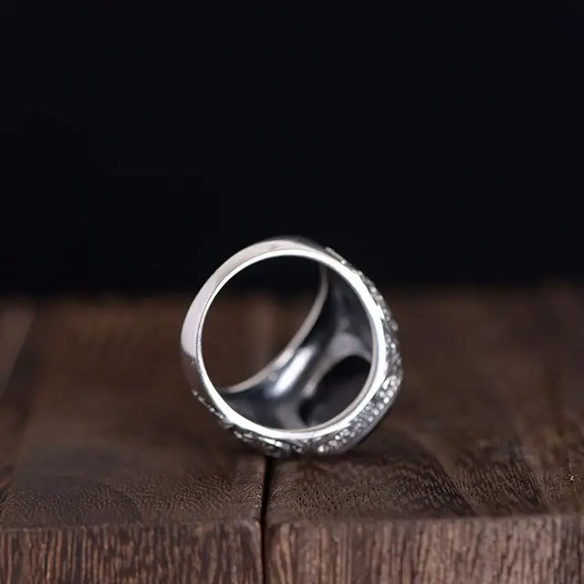 Wholesale 925 pure silver relief pattern inlaid Black Agate silver jewelry rings for men Anillos