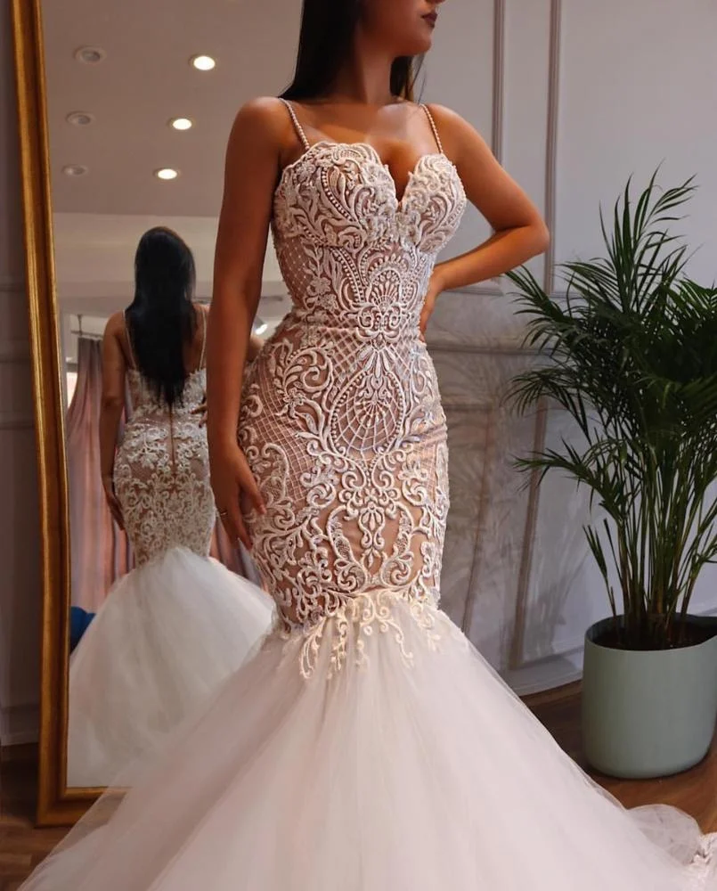 
Bridal Mermaid Wedding Dresses 2019 Sexy Spaghetti Strap Wedding Dress Bridal Gown with Latest Pattern Lace 