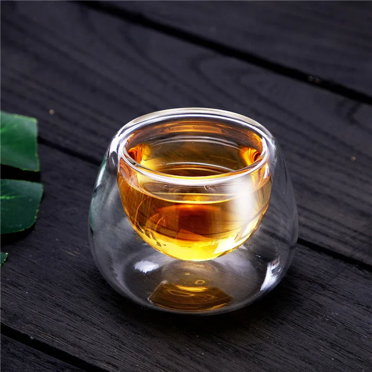heat resistant double wall glass teacup, round small tea mug 50ml