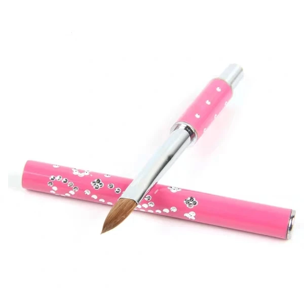 Kolinsky Acrylic Nail Brush Size 8 Non-slip 3D Nail Art Brush  with hot pink rhinestone handle