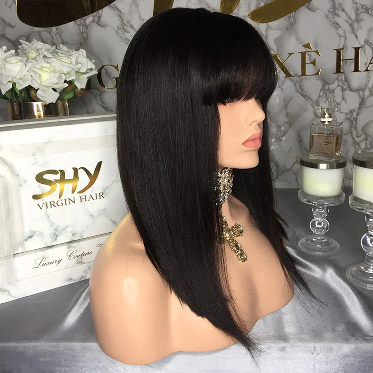 Прямая поставка с фабрики, парик Virgin Bob, натуральный черный короткий парик, парик из человеческих волос, парики с челкой для черных женщин