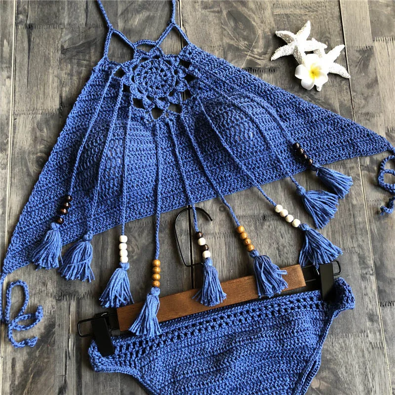 
Hot sale high quality Australian fashion GIRL SEXY beachwear handmade tassel halter swimsuit tops crochet women bikini 