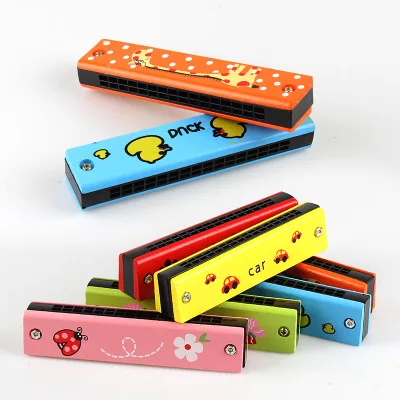 
High quality wooden colorful 16 holes mini harmonica wholesale cartoon style harmonica for children 