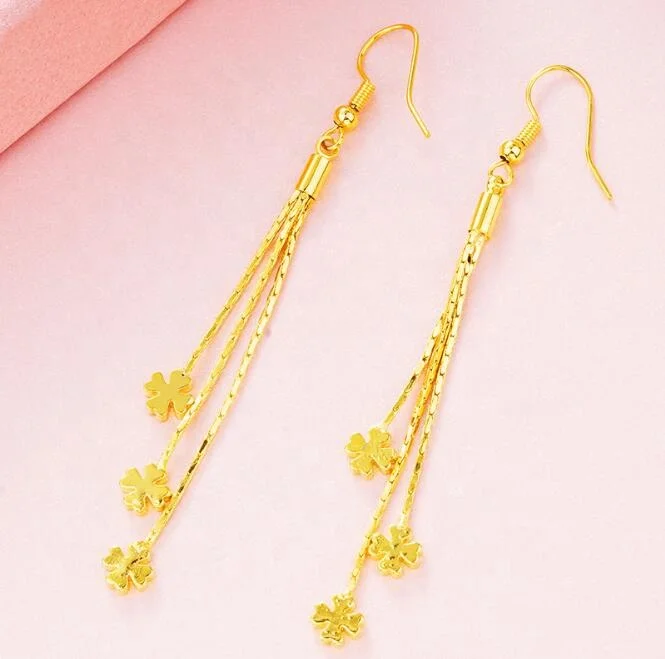 79 mm Long Fashion Clover Butterfly Charms Dangling Gold Tassel Jewelry Earrings