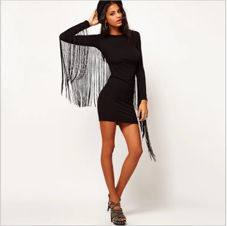
Wholesale Summer Long Sleeves With Long Tassel Black Women Slim Fit Bodycon Dress 