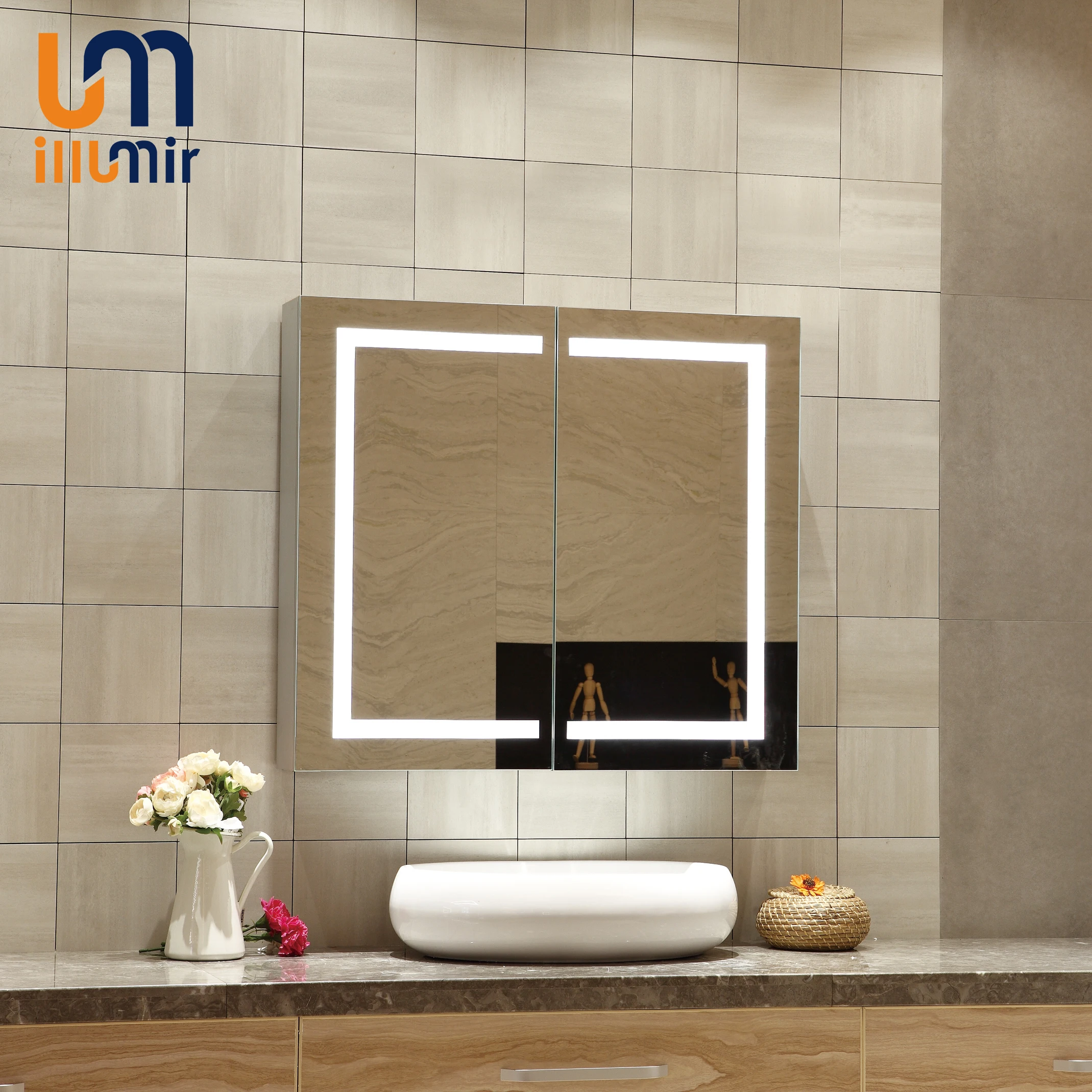Modern Fashion Wall Mount Illuminated Lighted LED Bathroom Mirrored Medicine Mirror Cabinet