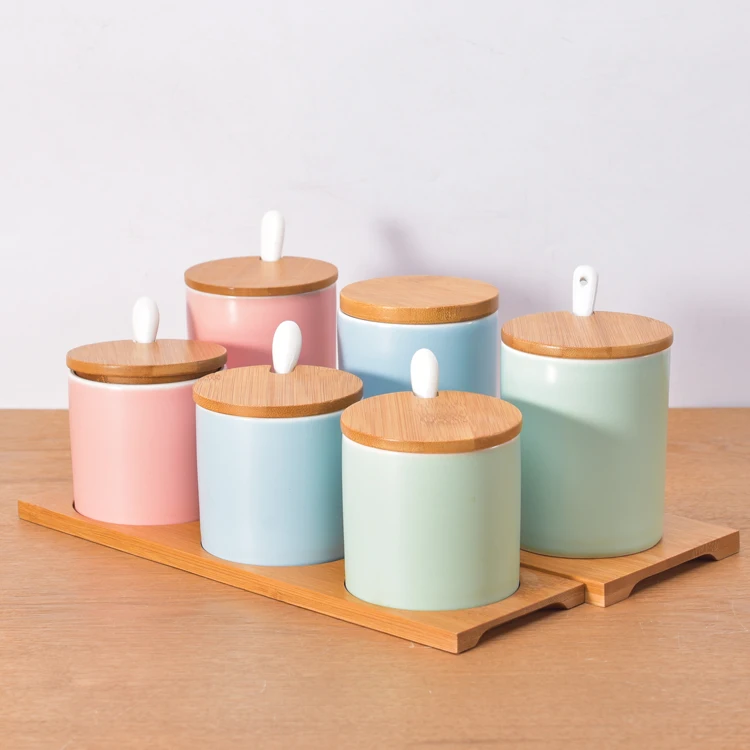 Hot selling 2 sizes colorful wooden tray kitchen ceramic spice jar set with spoon