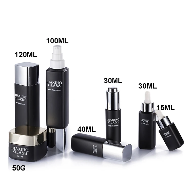 Luxury 15ml 30ml 40ml 100ml empty square spray pump black cosmetic face lotion cream glass bottle jar packaging set