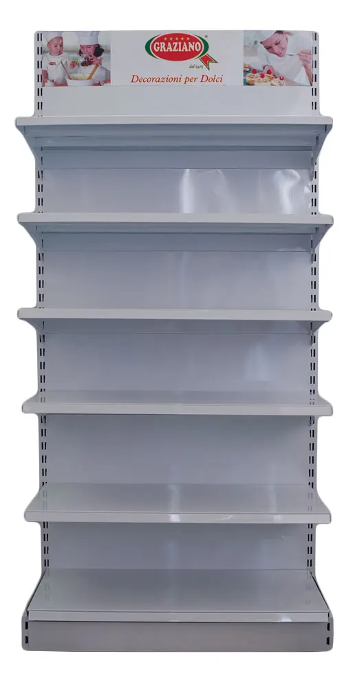 Single-sided Feature and Metallic Material European Style Supermarket Shelf Grid Display