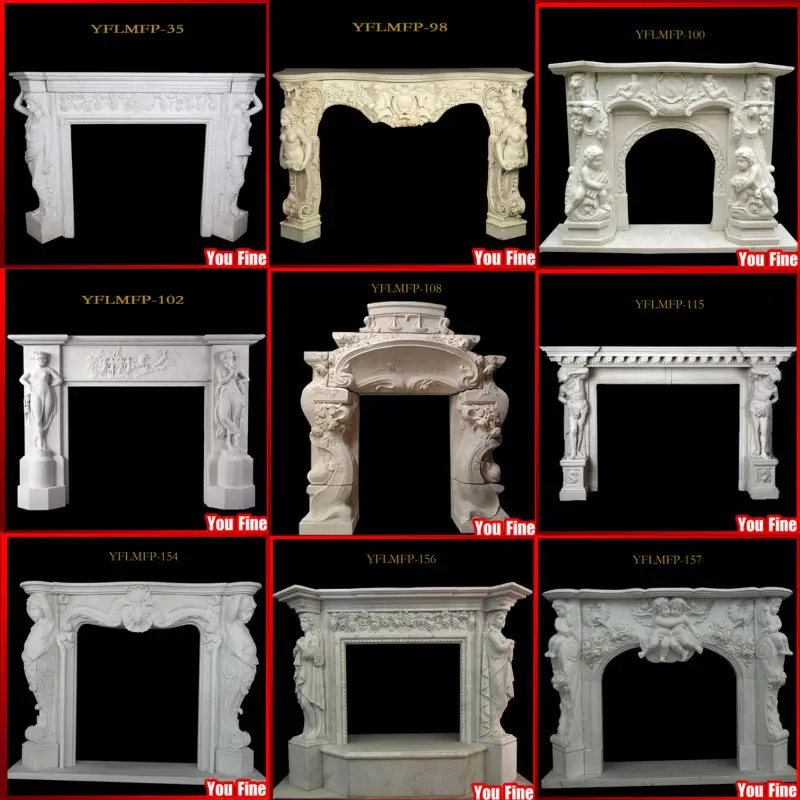100% Hand Carved 2 Layers Marble Antique Lion Fireplace Mantel