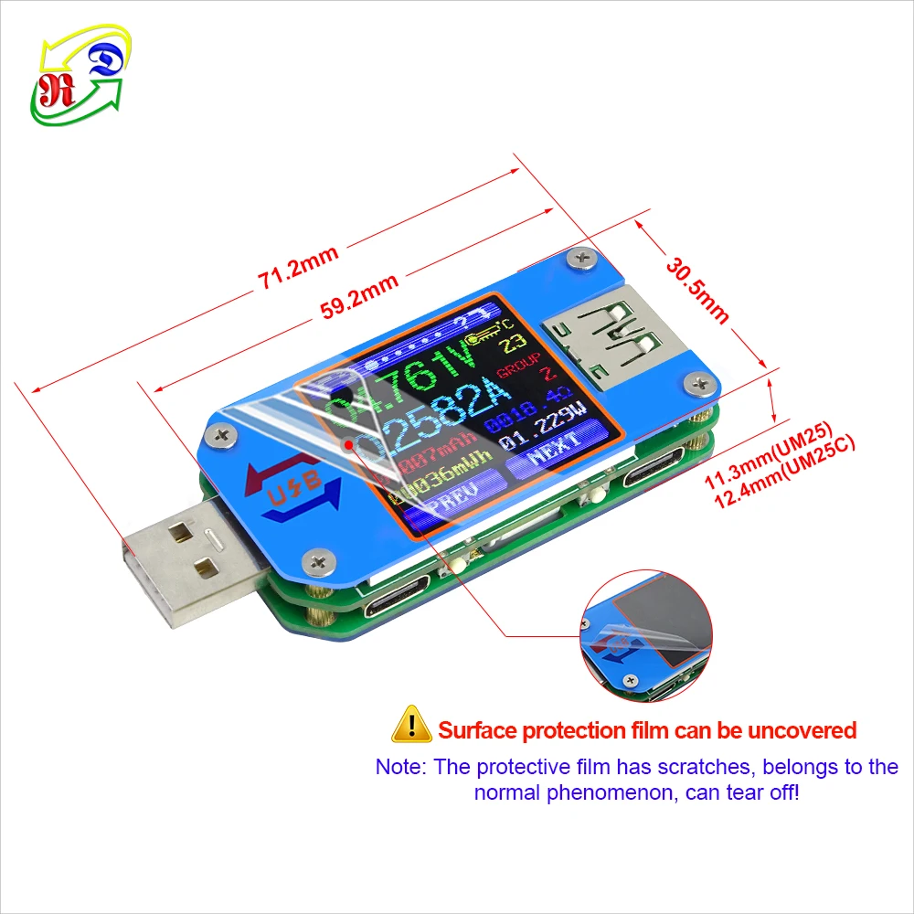RD UM25  Type-C USB-A 2.0 Color Display Voltmeter ammeter cable resistance charger power bank USB voltage Current Tester