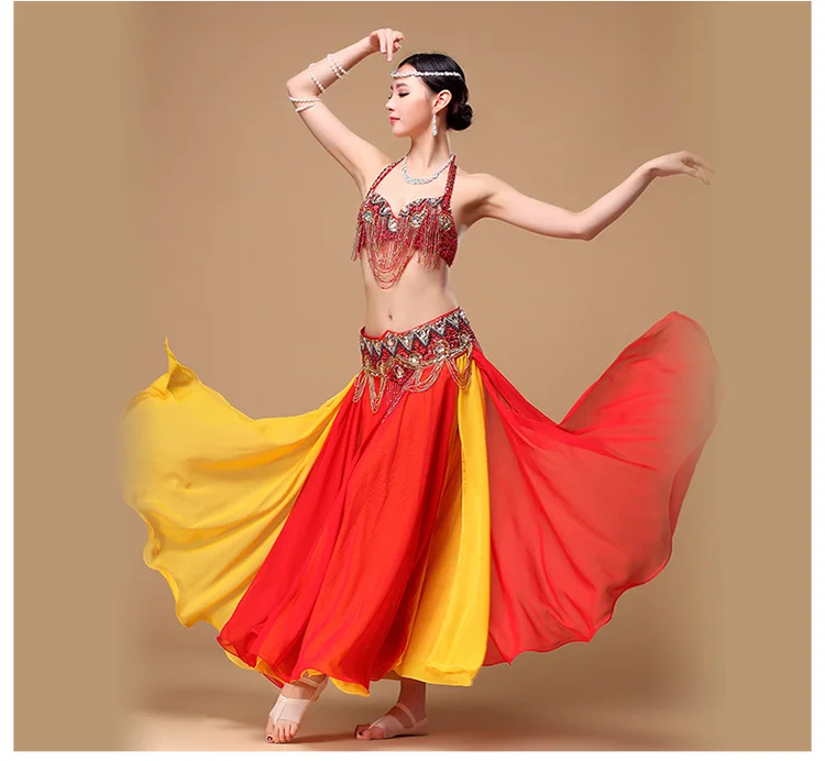 Hot Sale Contrast Colors Women Belly Dance Skirts Side Split Full Circle Long Bellydance Skirt Chiffon Ballroom Dance skirt