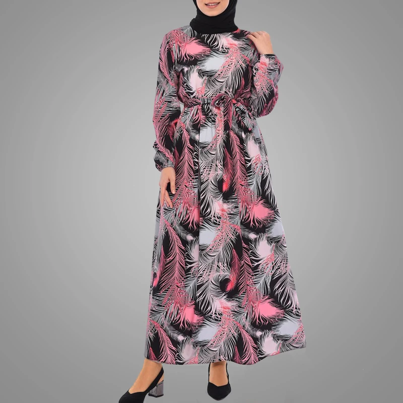 Flower Muslim Kaftan Dress Latest Burqa Design Long Sleeve Print Abaya Islamic Maxi Dress With Belt