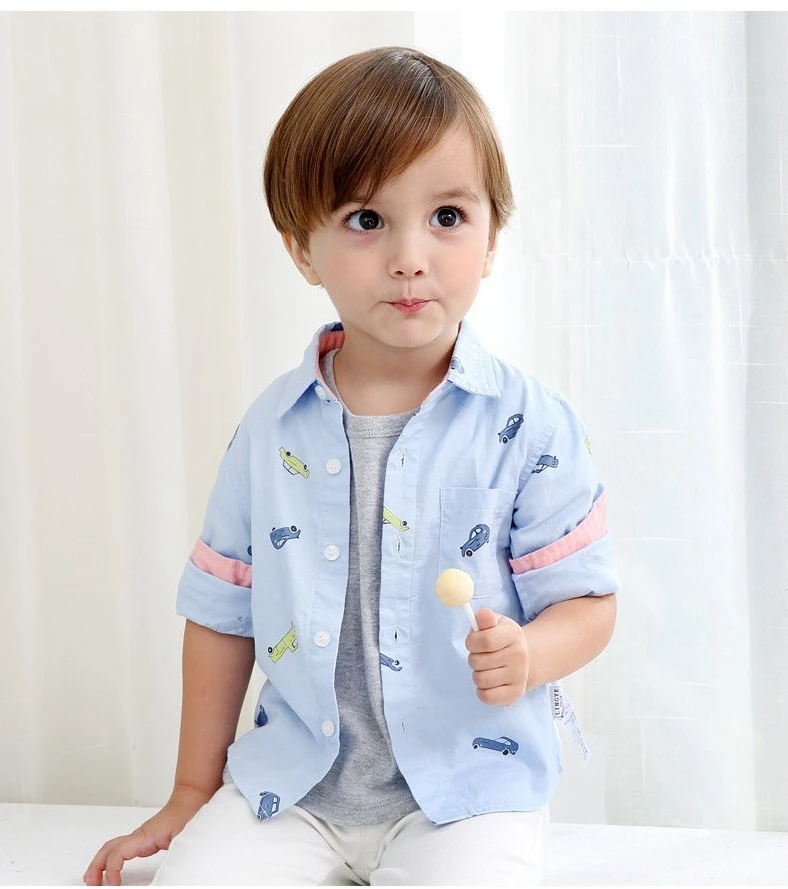 High Quality Kids Design Long Sleeves Cartoon Car Printed Cotton Cute Boys Shirt