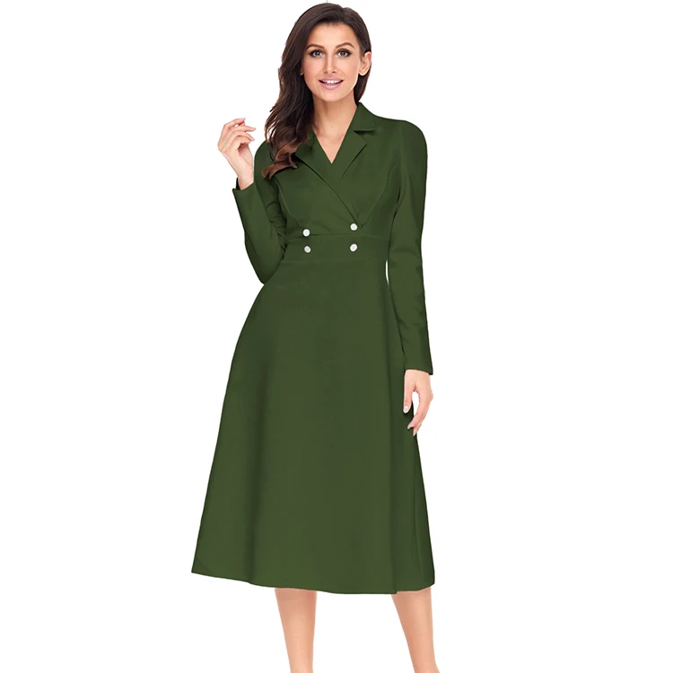 
Hot selling Ladies Vintage Button Collared Fit-and-flare Office Dress 
