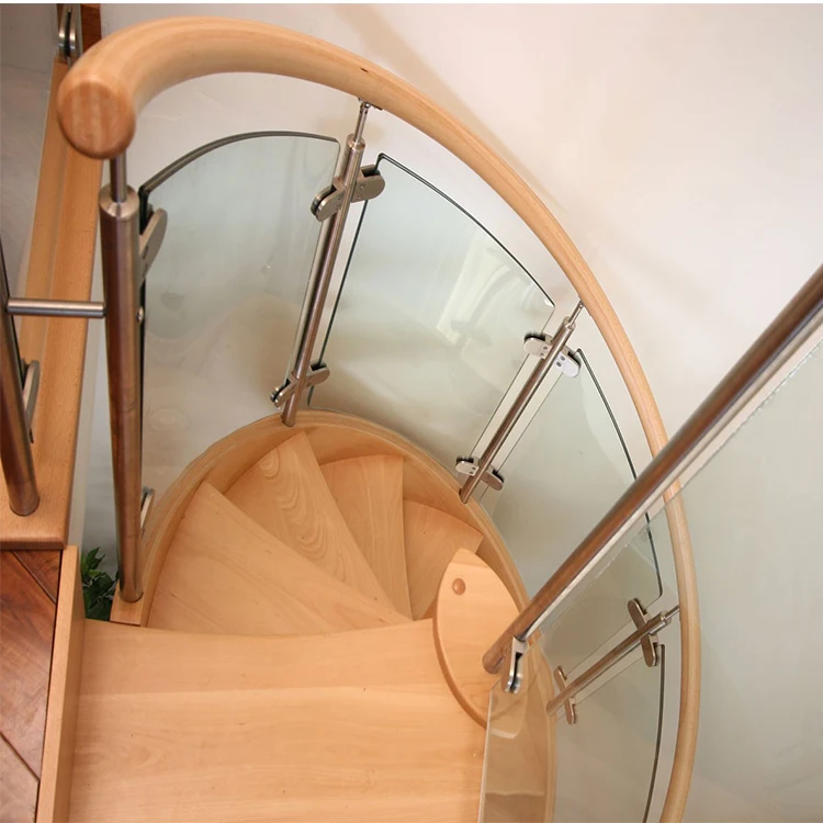 stainless steel interior curved glass wood stairs /punched hole metal railing/laminated glass glass stairs