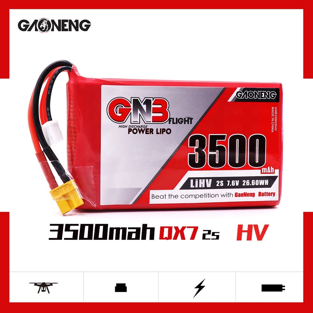 GNB GAONENG RC LiPo Battery 2S 3500mAh 7.6V HV for ACCST Taranis FrSky QX7 Transmitter TX RX XT30 connector
