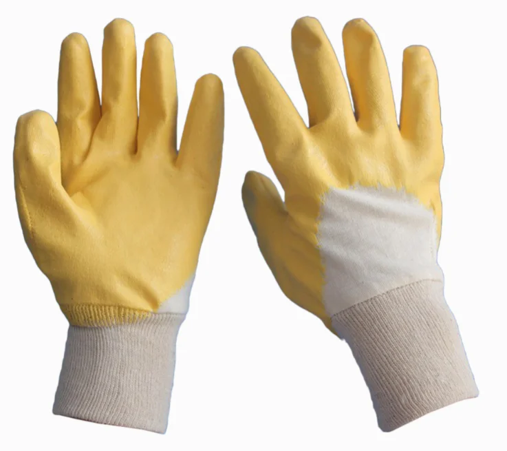 oil resistance 3/4 yellow nitrile coated work gloves with jersey liner 65g