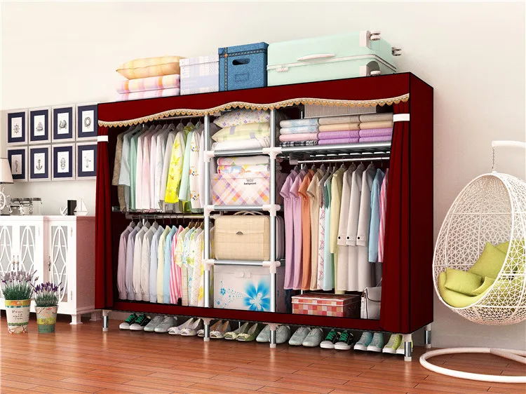 
Modern fashion big size portable 25mm steel tube frame cloth wardrobe with colorful fabric 7766 